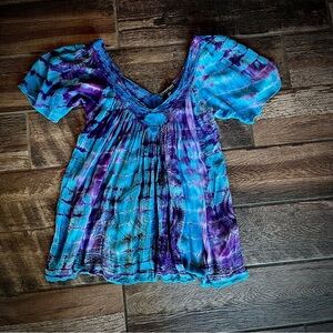 Greater Good blue and violet tie dye gauze & Lace BOHO top S/M
